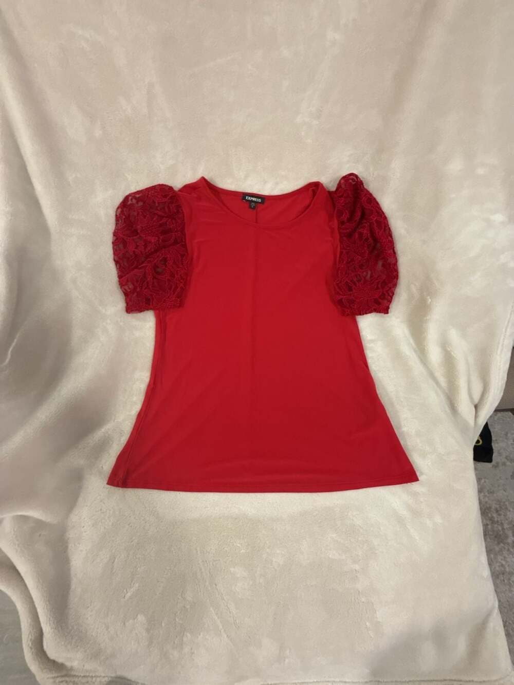 Express Lace Puff Sleeve Top Size S Red Crew Neck Blouse